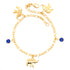 The Blue Evil Eye and Elephant Charm bracelet or anklet, crafted with a 14k gold-filled Figaro link chain, showcases three elephant charms and two blue evil eye charms, evenly distributed. Its elegant design is completed with a lobster clasp closure.
