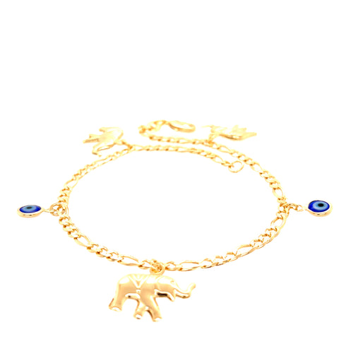 The Blue Evil Eye and Elephant Charm bracelet or anklet is crafted with a Figaro link chain, featuring 14k gold-filled elephant charms and blue evil eye pendants. Its delicate chain is embellished with several hanging elements, creating visual interest in the piece.