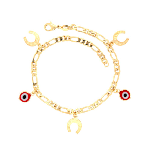 A 14k gold-filled Figaro link chain ankle bracelet adorned with alternating charms of red and white round pendants, gold horseshoes, and a subtle Evil Eye detail, featuring a lobster clasp closure.