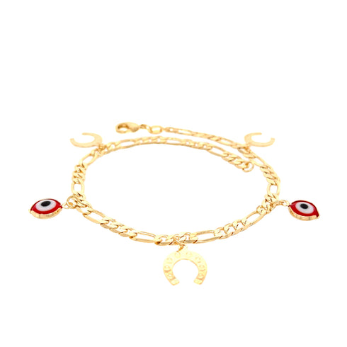 The 14k gold-filled Red Evil Eye and Horseshoes Charm Ankle Bracelet with a Figaro link chain beautifully combines mystical and classic elements, featuring two red and white evil eye charms along with a gold horseshoe charm. Its vibrant design makes it an enchanting piece for any jewelry collection.