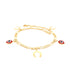 The 14k gold-filled Red Evil Eye and Horseshoes Charm Ankle Bracelet with a Figaro link chain beautifully combines mystical and classic elements, featuring two red and white evil eye charms along with a gold horseshoe charm. Its vibrant design makes it an enchanting piece for any jewelry collection.