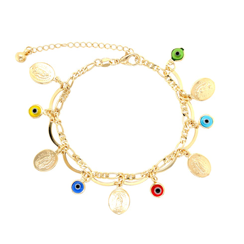 Introducing the Multicolor Evil Eye and Mary Virgin Charm Bracelet, featuring a 14k gold-filled Figaro chain link with an extension. This stunning piece elegantly displays captivating coin pendants and vibrant colored eyes on a pristine white background.
