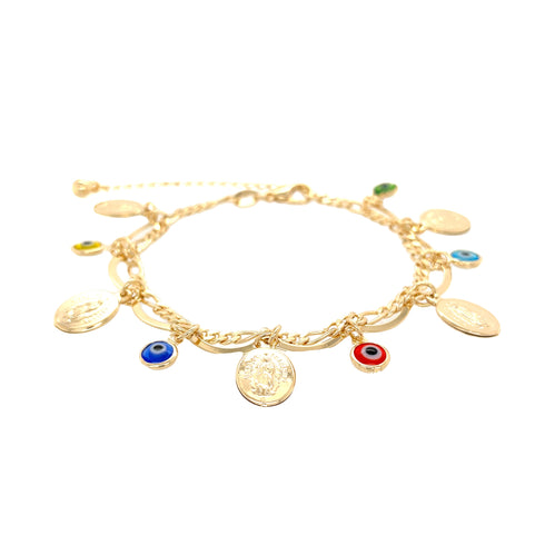 The Multicolor Evil Eye and Mary Virgin Charm Bracelet, made from 14k gold-filled materials, is adorned with circular charms featuring coins, colored glass eyes, and a striking Evil Eye charm. It is elegantly set against a white background on a Figaro chain link with an extension.