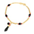 Genuine Jet Black Azabache Bracelet featuring a gold chain with red and black beads and a black foot-shaped charm, crafted with 14k gold filled azabache jewelry for spiritual protection.