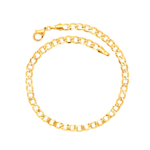 The Anklet Bracelet Gold Filled Cuban Curb Link Diamond-cut 10 inch is gracefully presented in a circular shape on a white background. Its Cuban curb link design showcases interlocking links with a polished finish, bringing an element of sophistication to any ensemble.