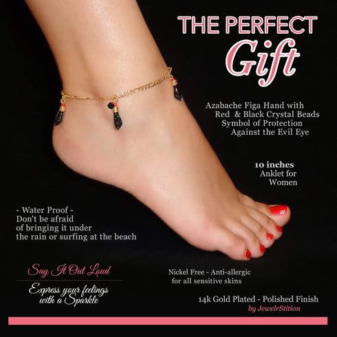 A foot adorned with a 14k gold-filled anklet featuring red and black crystal beads. This Genuine Jet Black Azabache jewelry piece is waterproof, nickel-free, anti-allergic, and offers spiritual protection against the evil eye.