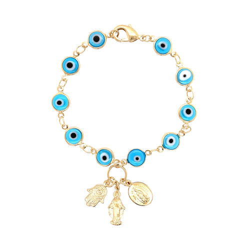The Aqua Blue Evil Eye Charm Bracelet and Hamsa Hand-Virgin Mary Pendant features a gold bracelet decorated with aqua blue evil eye beads and three hanging charms: a Hamsa hand, a Virgin Mary pendant, and a round medallion. It is secured with a lobster claw clasp.