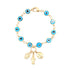 The Aqua Blue Evil Eye Charm Bracelet and Hamsa Hand-Virgin Mary Pendant features a gold bracelet decorated with aqua blue evil eye beads and three hanging charms: a Hamsa hand, a Virgin Mary pendant, and a round medallion. It is secured with a lobster claw clasp.