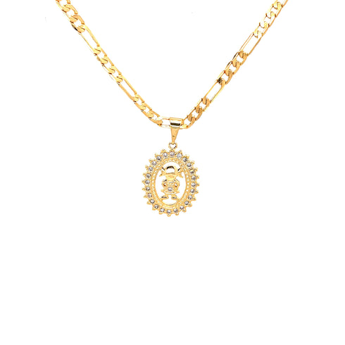 Introducing the "Little Daughter with Zirconia Stones Pendant Necklace Figaro 22," a breathtaking piece crafted from 14k gold-filled materials. This necklace features a pendant adorned with sparkling zirconia stones, including a central figure. Its elegant Figaro chain is designed with interlocking links, creating an exquisite and sophisticated accessory.