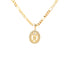 Introducing the "Little Daughter with Zirconia Stones Pendant Necklace Figaro 22," a breathtaking piece crafted from 14k gold-filled materials. This necklace features a pendant adorned with sparkling zirconia stones, including a central figure. Its elegant Figaro chain is designed with interlocking links, creating an exquisite and sophisticated accessory.