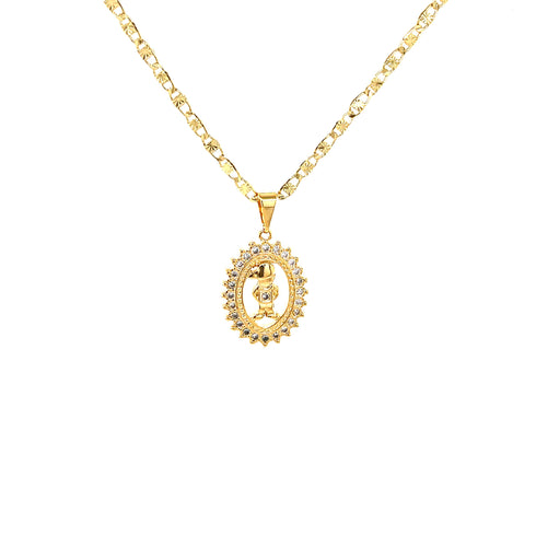 The Little Boy Pendant Necklace for Mother's Day Valentin Chain showcases an ornate pendant with a central letter "R," surrounded by a halo of sparkly stones. This exquisite piece is crafted from 14k gold-filled material, and the chain features a twisted link pattern that highlights the pendant against a plain white background.