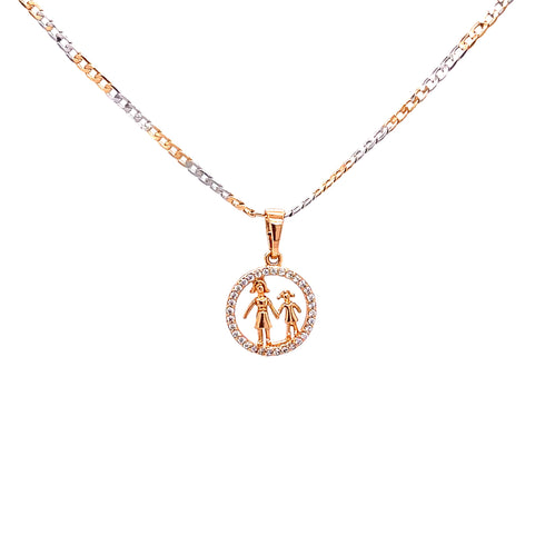 Presenting the Mother and Daughter Cuban pendant necklace in Two Tones Rose Gold-Filled, featuring a circular pendant with an intricate design of two figures holding hands. The luxurious border is adorned with small clear stones, while the chain showcases a stunning two-toned style by alternating between gold and silver links.