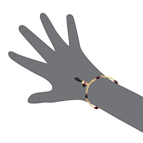 Illustration of a hand adorned with a 14k gold-filled chain bracelet featuring black and red beads, embodying the essence of spiritual protection found in the Genuine Jet Black Azabache Bracelet and Necklace for Evil Eye.