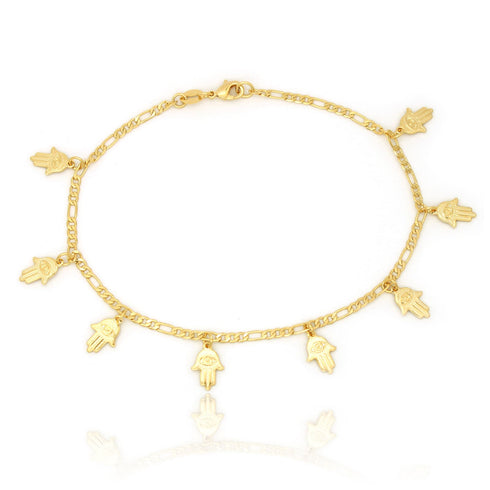 Anklet bracelet of Hamsa Hand charms, featuring evenly spaced symbols of the Evil Eye for protection against negative energy, with a clasp closure and reflected against a white surface.