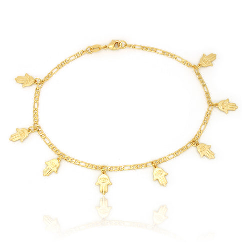 A gold-filled Anklet Bracelet of Hamsa Hand Charms Evil Eye Protection Mano de Fatima is elegantly displayed on a white background. Each charm, engraved with an eye, acts as a shield against negative energy while providing mystical allure.