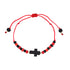 The Genuine Azabache Crucifix Red Rope Bracelet Adjustable Unisex Women and Men showcases a central crucifix bead made of Azabache, complemented by alternating red and black beads, offering spiritual protection with an adjustable cord featuring small black beads at its ends.