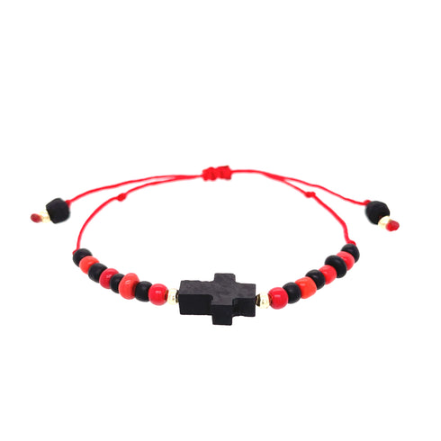 The Genuine Azabache Crucifix Red Rope Bracelet Adjustable Unisex Women and Men provides spiritual protection with its adjustable red cord, featuring black and red beads, and a striking Azabache crucifix at the center.
