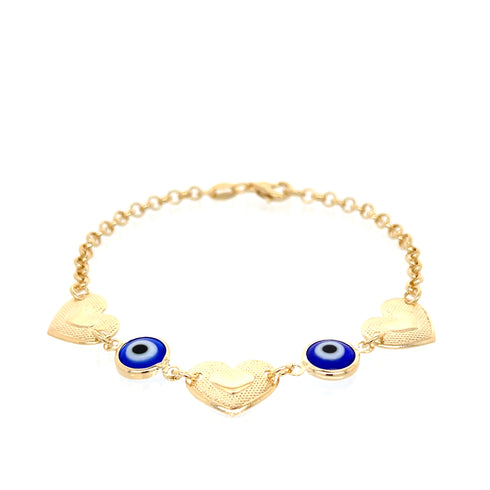The Blue Evil Eye charm bracelet and Heart Lucky chain rolo link features a stunning combination of heart-shaped charms and blue evil eye beads in 14k gold-filled metal. Its delicate design is enhanced by a fine chain and clasp closure, making it both a stylish accessory and a protective charm bracelet.