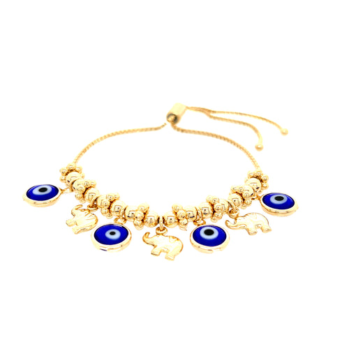 Introducing the "Blue Evil Eyes Tiny Elephant Charm Bracelet," an elegant piece crafted with blue and white evil eye charms and elephant-shaped pendants delicately arranged on a 14k gold-filled chain. Designed for versatility, this bracelet features an adjustable chain equipped with a sliding closure to ensure the perfect fit.