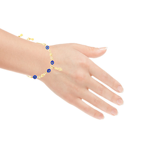 A hand adorned with the Blue Evil Eye and Figa Hand Charm Bracelet, featuring enchanting blue and white evil eye charms and a delicate Figa Hand charm, radiating spiritual symbolism.
