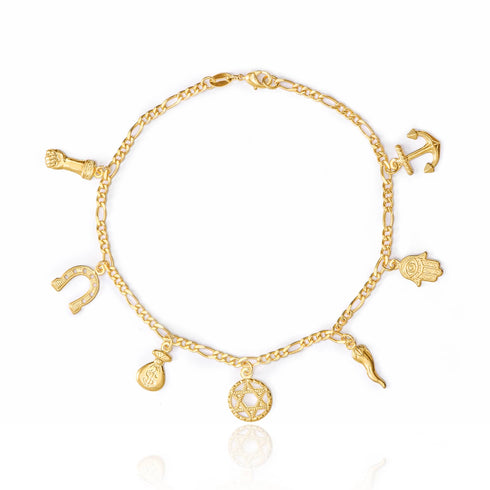 The Women Mega Lucky Charm Bracelet, designed for good luck and evil eye protection, is crafted from 14k gold-filled material and showcases seven amulets: an anchor, hamsa, horseshoe, fist, star, money bag, and horn that elegantly dangle from a delicate chain.