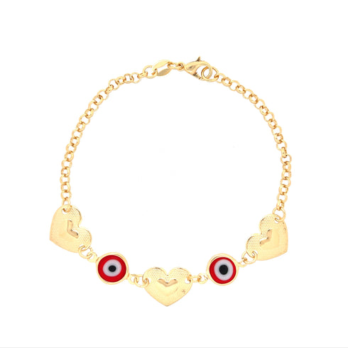 The Red Evil Eye charm bracelet and Heart Lucky chain rolo link beautifully highlights three heart-shaped charms with intricate engravings, accompanied by a protective red evil eye charm and a black eye motif. Crafted from 14k gold-filled rolo link chain, it elegantly fastens with a lobster clasp, combining beauty and protection seamlessly.