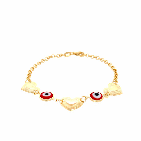 The Red Evil Eye charm bracelet and Heart Lucky chain rolo link features a 14k gold-filled rolo link chain adorned with alternating heart-shaped charms and round red evil eye beads, all secured by a lobster clasp.