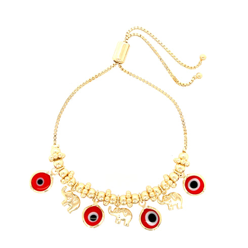 14k gold-filled bracelet featuring tiny elephant charms and red evil eye beads on an adjustable chain.