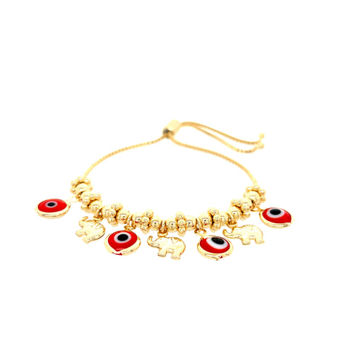 A red evil eyes tiny elephant charm bracelet featuring colorful beads and made from 14k gold-filled material with an adjustable design.